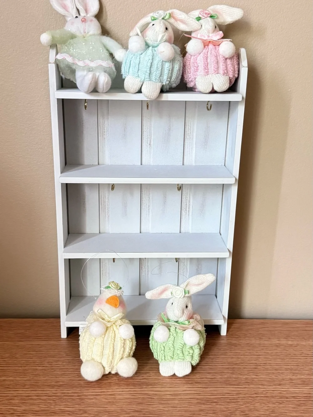 White Rustic Wall Shelf with Pastel Plush Accent Display with hanging bunny deco